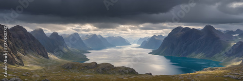 Awe-inspiring landscape of a wide mountain valley with large lake surrounded by towering mountains and a cloudy sky