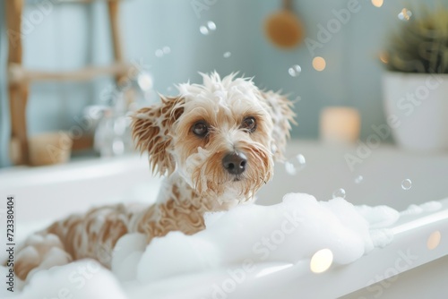 A bubbly yorkipoo puppy enjoys a luxurious soak in the bathtub, showcasing the bond between humans and their beloved toy dog companions