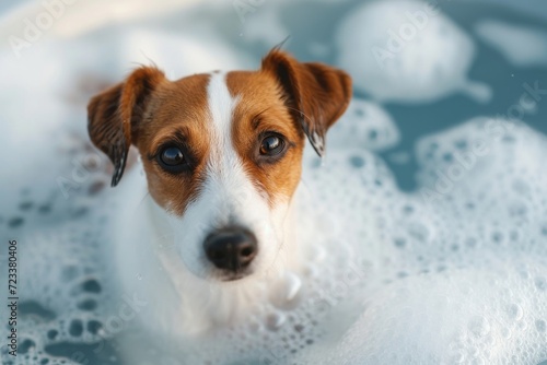 A playful jack russell puppy enjoying a luxurious bath in the great outdoors, surrounded by fluffy white bubbles