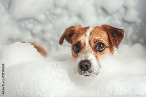 A fluffy companion dog of mixed breed enjoys a cozy winter bath, surrounded by white bubbles and fluffy snowflakes, while looking up with adoration at its loving owner