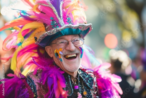 A vibrant man adorned in a flamboyant feathered ensemble radiates joy as he embraces the festive atmosphere of mardi gras