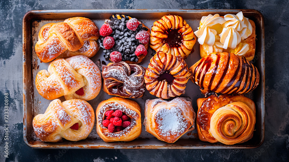 Danish pastries are delicious and fresh on an aluminum baking sheet - obrazy, fototapety, plakaty 