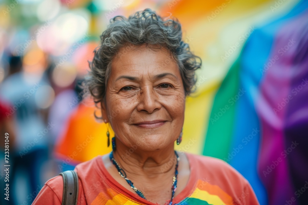 A joyful woman on the street, with wrinkles tracing her forehead, radiantly smiles at the camera, exuding confidence and warmth in her human portrait