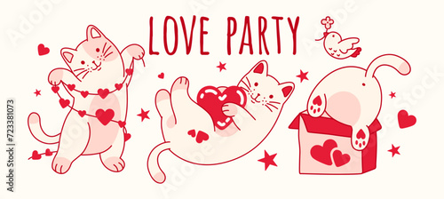 Love party with lovely kittens and red hearts. Fun doodle girly vector print for t shirt, sleepwear. Pajama's party design. Little cute cats doing funny cat things.