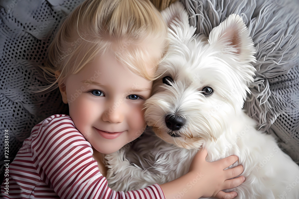 A young girl finds solace and joy as she tenderly cuddles with her West Highland White Terrier dog, creating a beautiful companionship and an unbreakable bond of affection and love
A young girl finds solace and joy as she tenderly cuddles with her West Highland White Terrier dog, creating a beautiful companionship and an unbreakable bond of affection and love