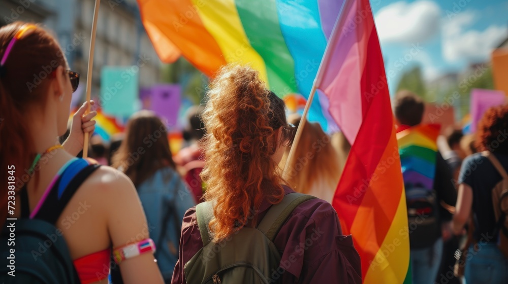 couple of women in an LGBT march with flags representing the gay and lesbian group or community