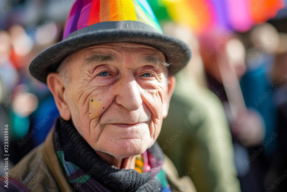 A stylishly dressed man beams with confidence as he strolls down the bustling city street, his wrinkled face framed by a fashionable hat A stylishly dressed man beams with confidence as he strolls down the bustling city street, his wrinkled face framed by a fashionable hat