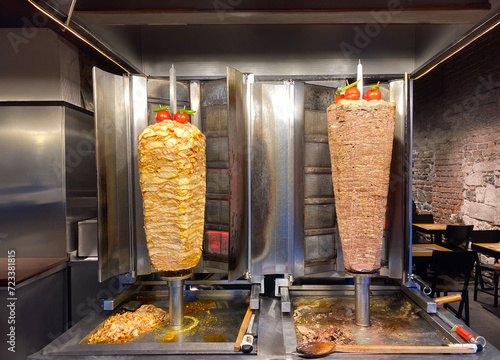 Photography Doner kebab and chicken doner kebab in a food hall in Turkey.
