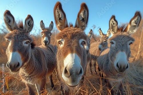 A peaceful herd of burros, with their shaggy coats reflecting the warm desert sun, graze contentedly in a vast field under the wide open sky