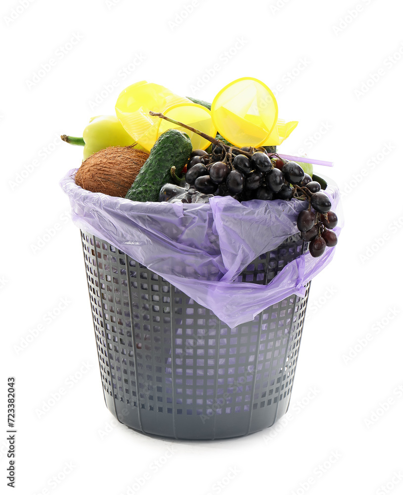 Trash bin with waste food isolated on white background. Recycling concept Trash bin with waste food isolated on white background. Recycling concept
