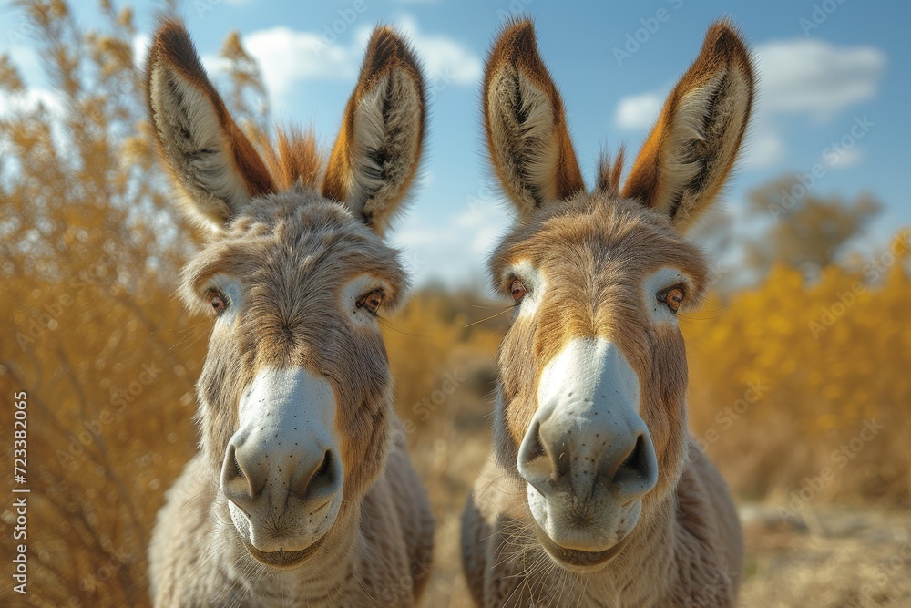 Amidst the vast desert landscape, two curious donkeys stand in awe of the sky above, their terrestrial instincts heightened as they gaze at the camera with a sense of wonder and curiosity