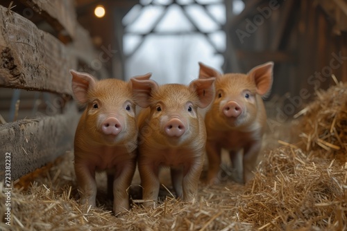 A herd of snout-nosed domestic pigs stand proudly in a sea of golden hay, embodying the essence of farm life and the innate beauty of terrestrial animals
