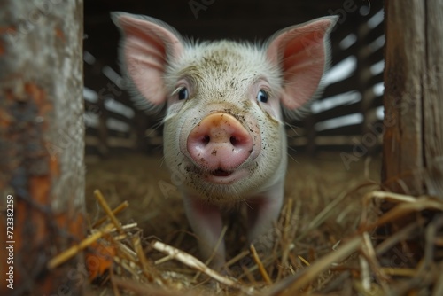 A domestic pig stands tall in a pen, surrounded by hay and the scent of farm life, as it embraces its role as a terrestrial animal in the suidae family