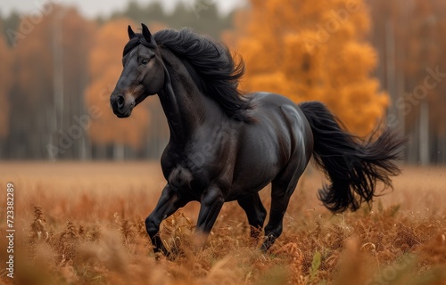 A majestic mustang horse with a rich sorrel coat gallops through a vibrant autumn field  its powerful mane flowing in the wind as it races towards a lone tree