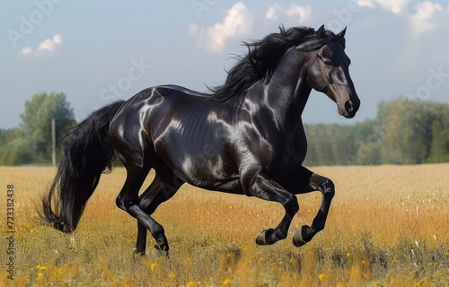 A majestic sorrel mustang horse gallops through a sun-kissed field, its flowing mane and powerful stride embodying the wild spirit of nature