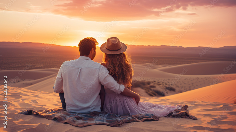 young couple sitting and hugging at desert and looking at sunset, man and woman contemplate sunrise at nature