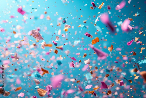 A vibrant explosion of aqua-hued confetti fills the air, creating a playful and fluid atmosphere reminiscent of colorful bubbles floating in water