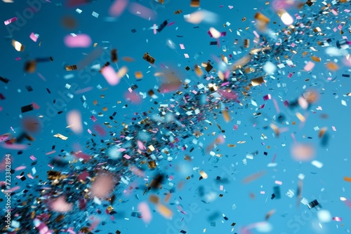 Vibrant colors burst from the fluid movements of cascading water, creating an abstract scene of joy and celebration with flying confetti and sparkling bubbles