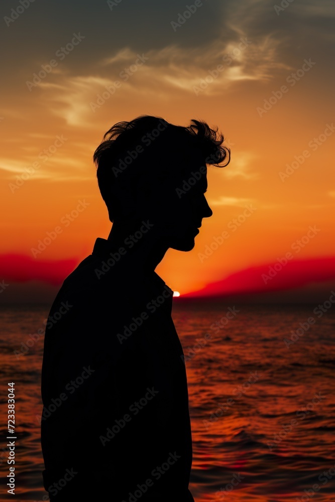 side portrait of young handsome man at sunset, face of guy in silhouette