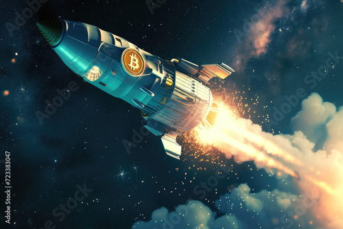 Computer Generated Image of a Bitcoin Rocket Launching With Flames and Smoke