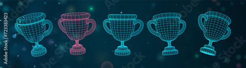 Champion cup 3d icons collection. Mesh grid winner goblet vector design elements set. Three-dimensional bowles on dark blur background. Futuristic HUD elements