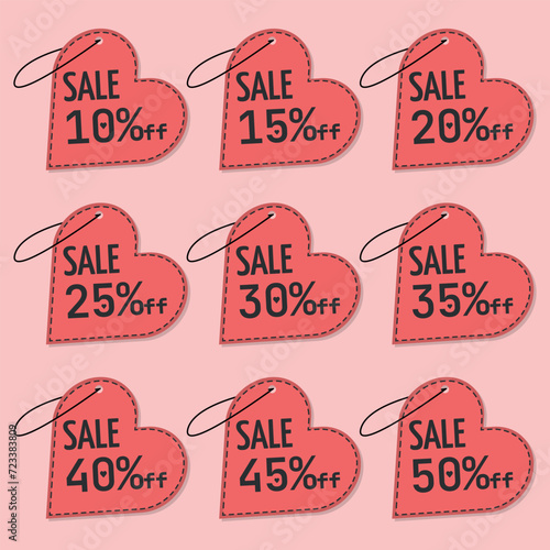 Valentine's Day Tag, Numbers Discounts Set - Sale Price Label in Red Paper Heart Shaped of 10%, 15%, 20%, 25%, 30%, 35%, 40%, 45% and 50% off.