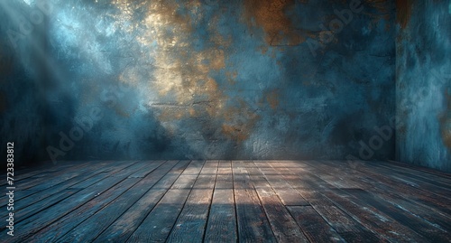 A haunting fog engulfs a rustic wooden floor, while a striking blue wall stands tall in the background, creating a surreal screenshot of solitude and mystery