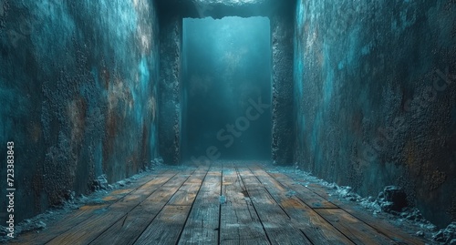 As the fog creeps into the dark cave, the wooden floor creaks underfoot, a stark contrast to the serene winter landscape beyond the doorway photo
