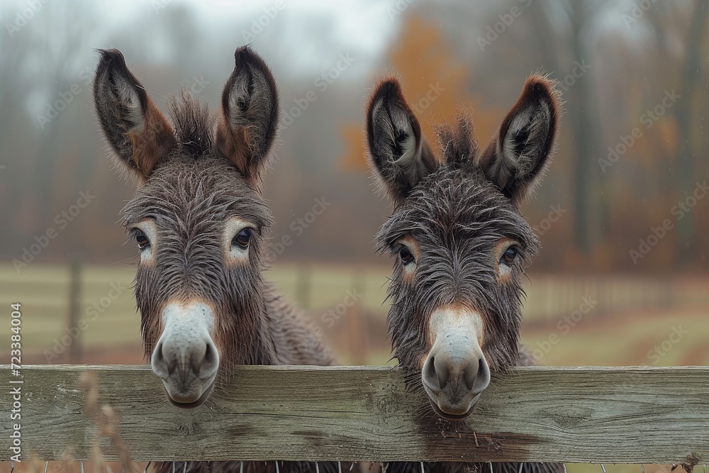 Two curious donkeys stand tall on their hind legs, peering over the wooden fence with inquisitive eyes, taking in the beauty of the great outdoors as they bask in the warm sunlight Two curious donkeys stand tall on their hind legs, peering over the wooden fence with inquisitive eyes, taking in the beauty of the great outdoors as they bask in the warm sunlight