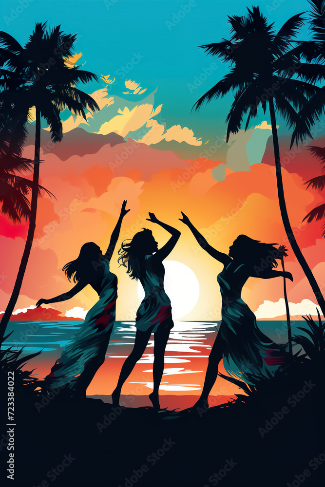 silhouette of happy women friends dancing at beach party at sunset, joyful group of female celebrate on vacation silhouette of happy women friends dancing at beach party at sunset, joyful group of female celebrate on vacation