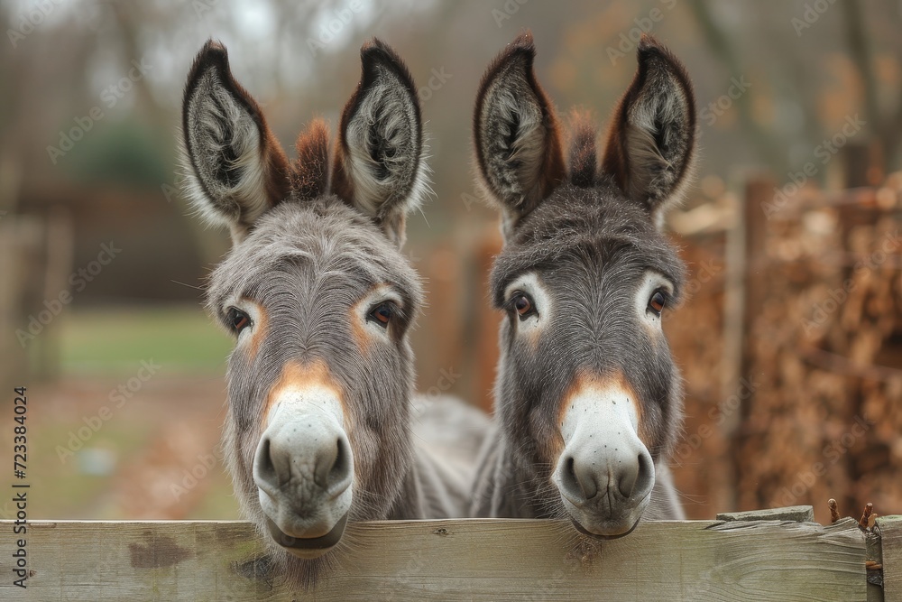 Two curious donkeys, with their snouts raised high, stand on the ground and peer over the fence, taking in the beauty of the outdoors and showcasing the natural wonder of these majestic terrestrial a Two curious donkeys, with their snouts raised high, stand on the ground and peer over the fence, taking in the beauty of the outdoors and showcasing the natural wonder of these majestic terrestrial a