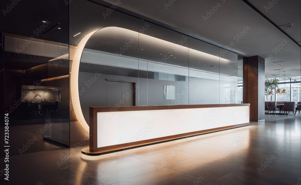 corporate offices entrance reception desk or branding white blank frame ...