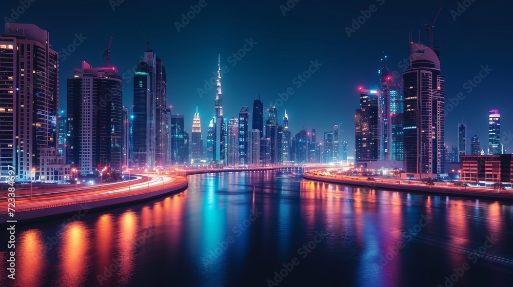 A stunning nocturnal urban landscape in Dubai, United Arab Emirates, showcasing futuristic modern architecture illuminated under the night sky, encapsulating the concept of luxurious travel. A stunning nocturnal urban landscape in Dubai, United Arab Emirates, showcasing futuristic modern architecture illuminated under the night sky, encapsulating the concept of luxurious travel.