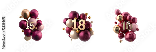 collection of balloons and ribbons celebration confetti decoration cutout on png transparent background with numbers 15 and 18 and 16 for sixteen, eighteen and fifteen birthday greeting party photo
