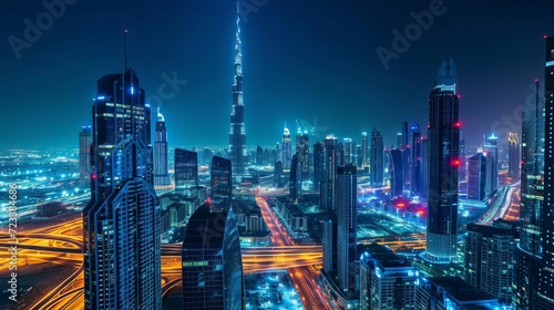 A stunning nocturnal urban landscape in Dubai, United Arab Emirates, showcasing futuristic modern architecture illuminated under the night sky, encapsulating the concept of luxurious travel. 