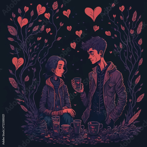With customized artistic boy and girl love with colorful background loving vector illustration