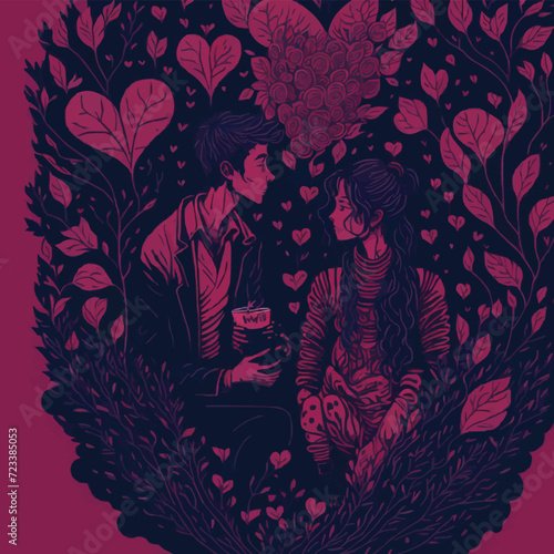 With customized artistic boy and girl love with colorful background loving vector illustration