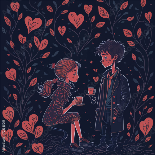 With customized artistic boy and girl love with colorful background loving vector illustration