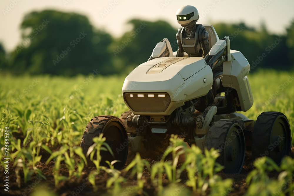 Robot farmer on modern futuristic tractor driving on field with green plants, sunny summer day, smart agriculture Robot farmer on modern futuristic tractor driving on field with green plants, sunny summer day, smart agriculture