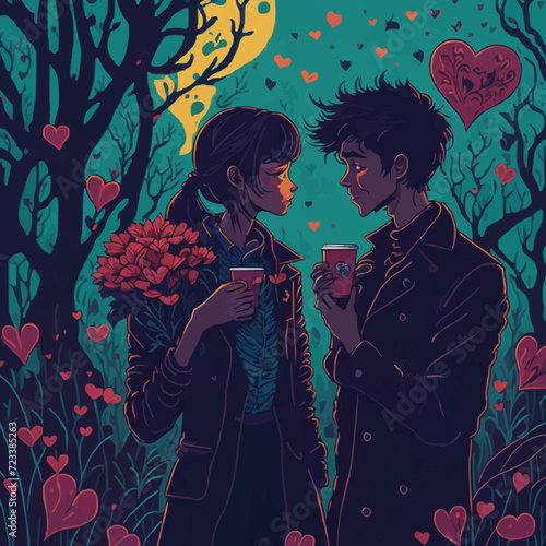 With customized artistic boy and girl love with colorful background loving vector illustration