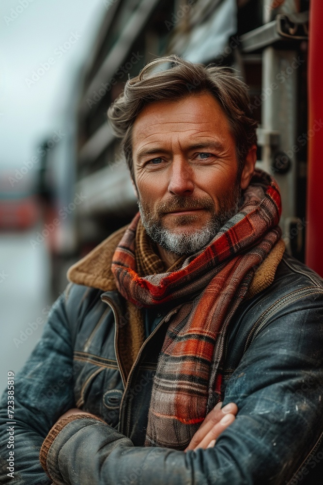 Happy confident Caucasian middle aged male driver standing in front on his truck. Photo with copy space. Hyper realistic photo, generative ai Happy confident Caucasian middle aged male driver standing in front on his truck. Photo with copy space. Hyper realistic photo, generative ai