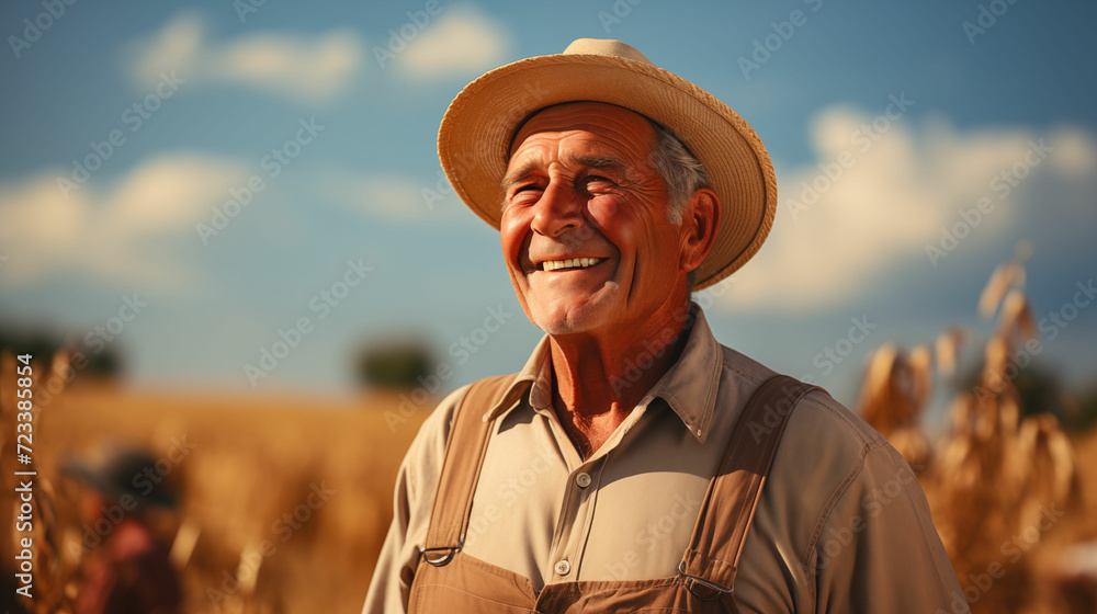 Fototapeta premium Happy old man wearing a stylish fedora hat stands confidently in a vast field of golden wheat. Generated with AI