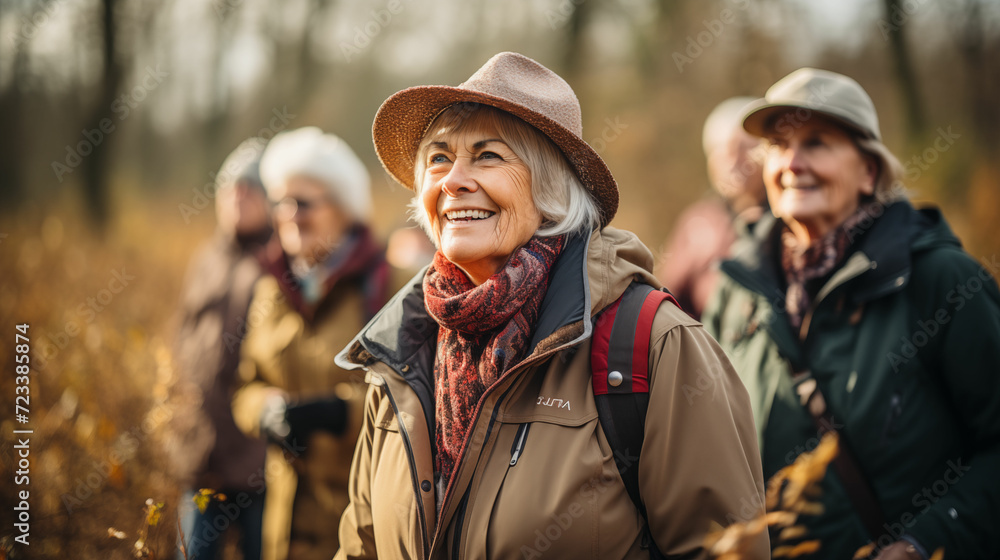 Journey for group of older women, dressed in outdoor clothing, walking together through a lush autumn. forest.
