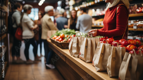 Carefully arranged products in ecological packages in a supermarket. Generated with AI.