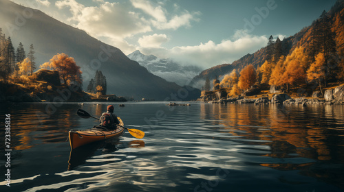 One unidentified individual paddle a canoe on a picturesque lake, with towering mountains providing a stunning backdrop. © MakeVector