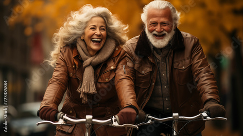 Happy Activity for Old Man and Woman Riding on the Bikes. Generative AI. photo