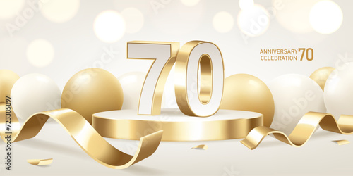70th Anniversary celebration background. Golden 3D numbers on round podium with golden ribbons and balloons with bokeh lights in background.