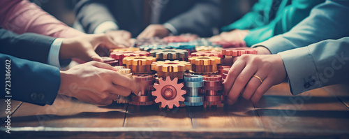 Men hands connecting cog wheels on the table indoors. Concept of the teamwork and cooperation in business. photo