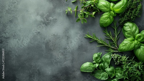 Rustic culinary flatlay countertop background for text with herbs for cooking. Product mockup scene creator.