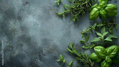 Rustic culinary flatlay countertop background for text with herbs for cooking. Product mockup scene creator. photo